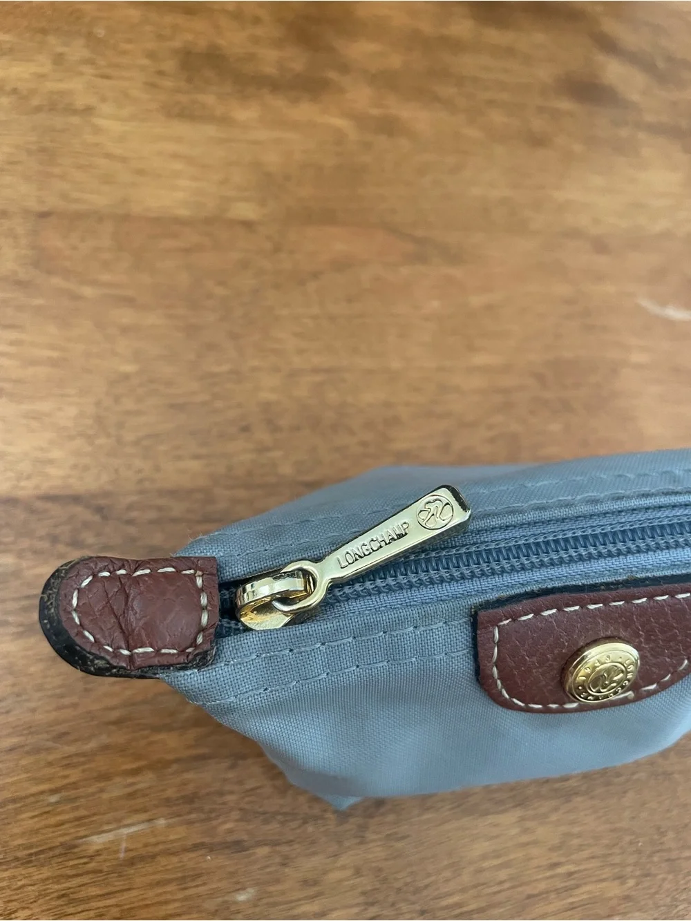 Longchamp Small Gray Pouch with Brown Leather Trim